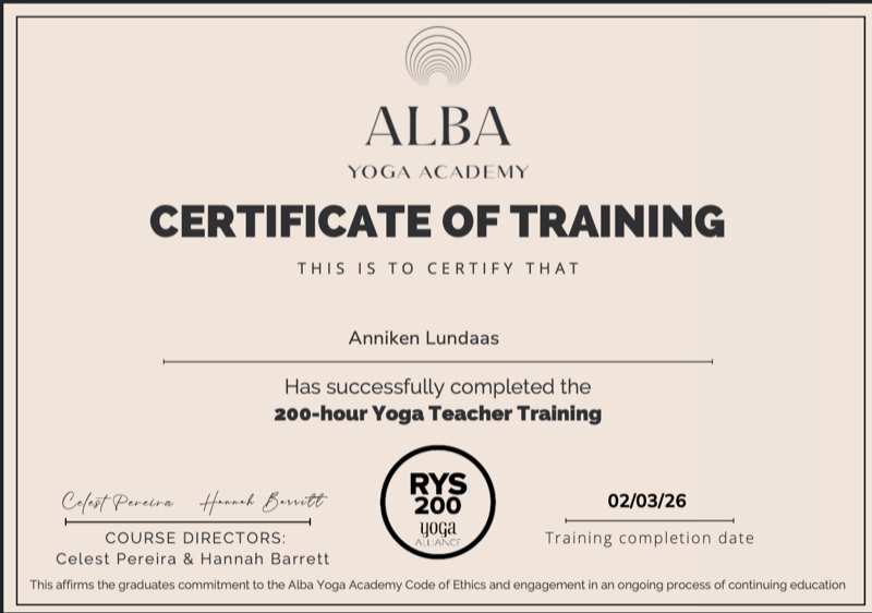 Alba Yoga Academy 200hr Certificate